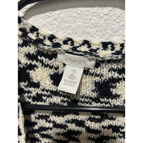 Chicos Fringe Open Cardigan Sweater Black White Size 2 Large Chunky Knit Boho - Picture 5 of 5